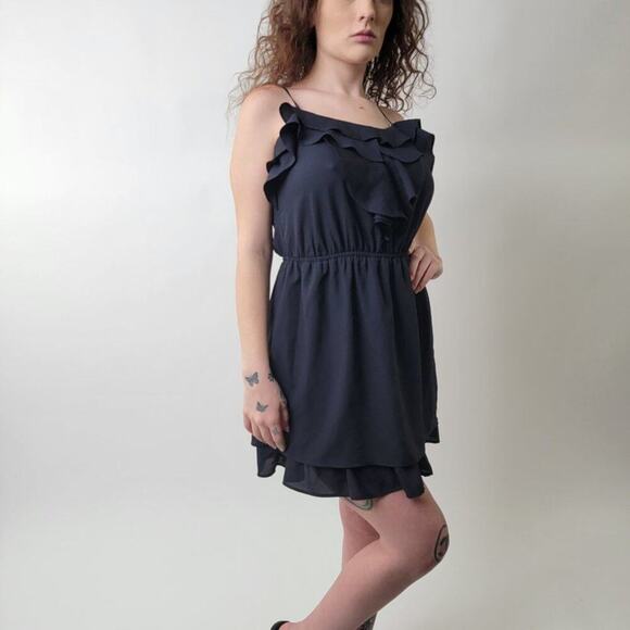 Navy Blue Ruffled Romper Mini Dress L - Picture 7 of 11